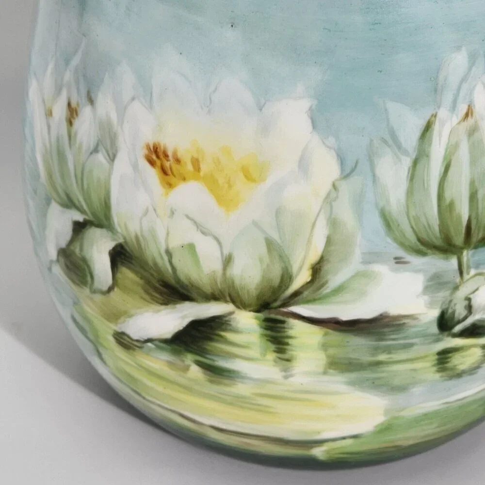 D&C France Vintage Hand Painted Pitcher and Glass Set of 7 Water Lily Green Trim